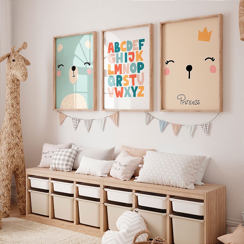 Kit 3 Quadros Infantil Ursinhos Amorosos Coroa Abecedário