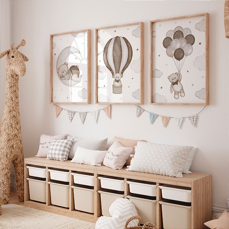 Kit 3 Quadros Quarto Urso Boa Noite Balões Marrom