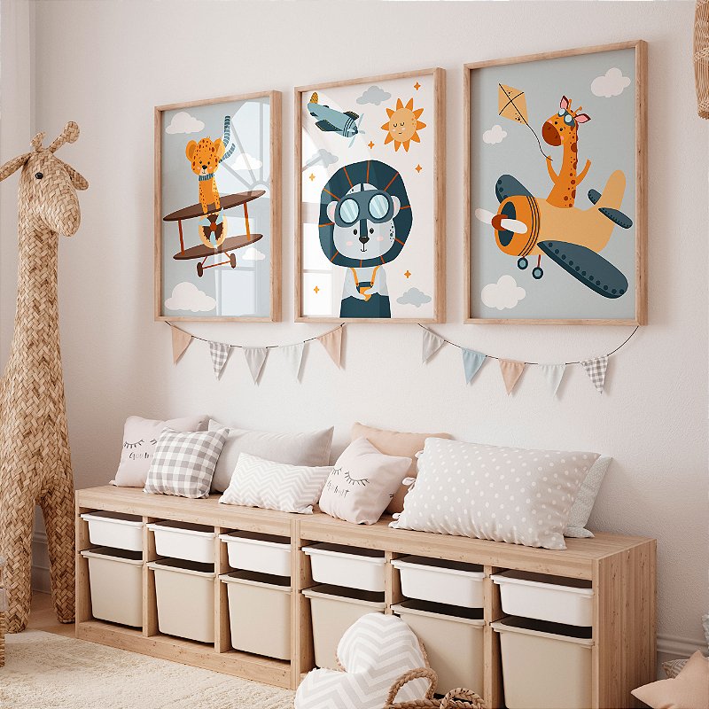 Kit 3 Quadros Infantil Aviação dos Bichinhos Leão Girafa Onça
