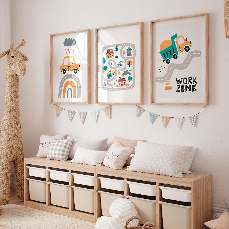 Kit 3 Quadros Infantil Mapa da Cidade Carro Chuva Caminhão