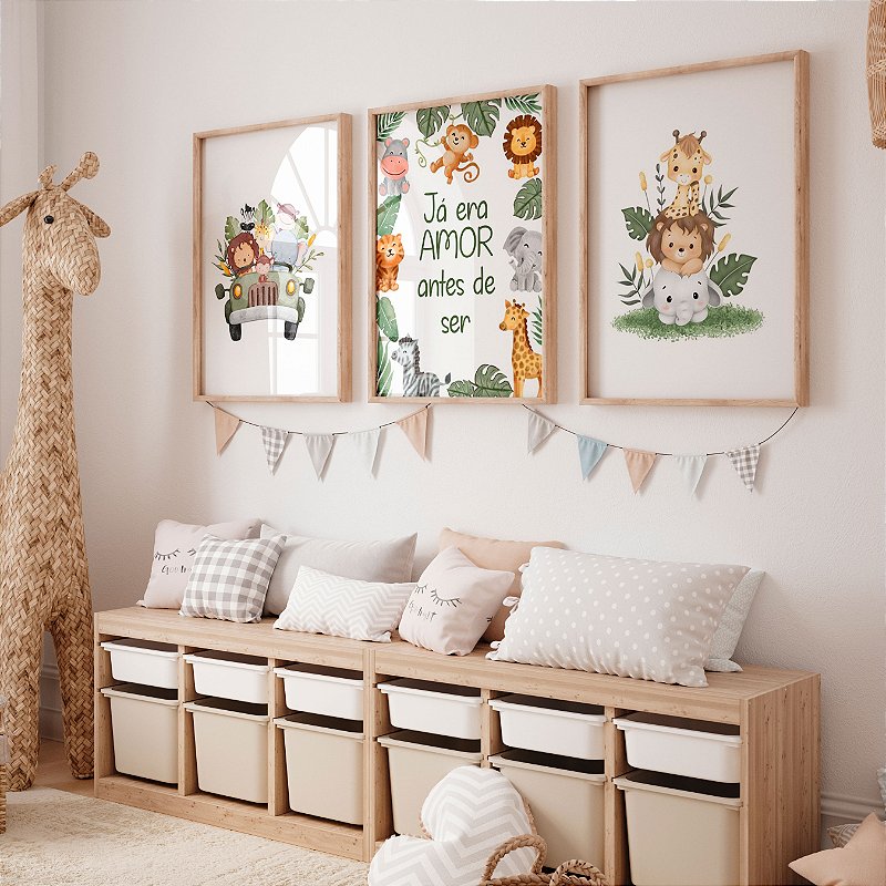 Kit 3 Quadros Quarto Infantil Amigos da Savana Já Era Amor Antes de Ser