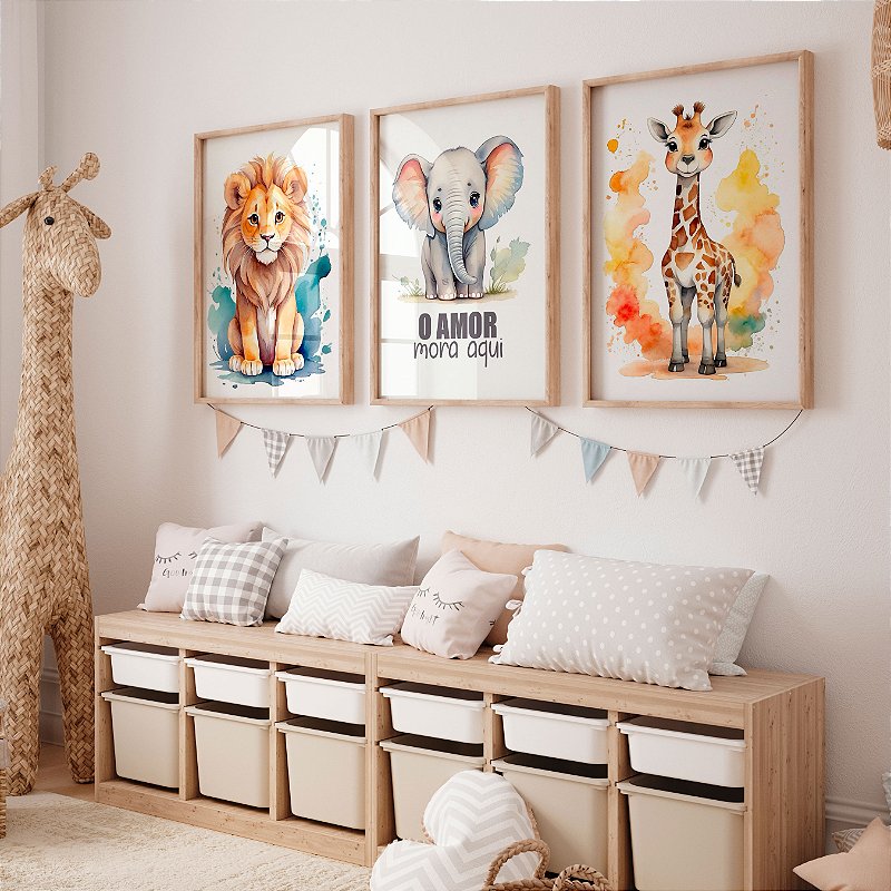Kit 3 Quadros Quarto Infantil Leão Girafa Elefante Aquarela Colorida