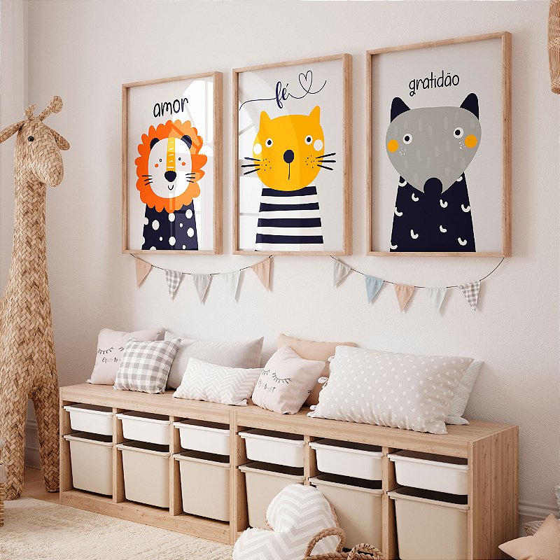 Kit 3 Quadros Quarto Infantil Felinos Fofinho Amor Fé Gratidão