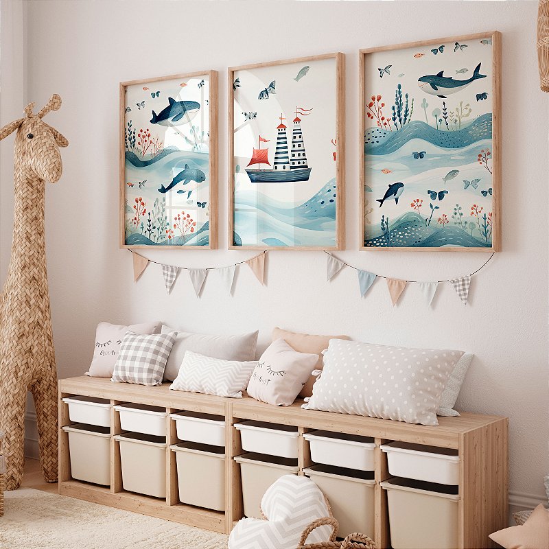 Kit 3 Quadros Quarto Infantil Navio Fundo do Mar Baleias e Peixinhos