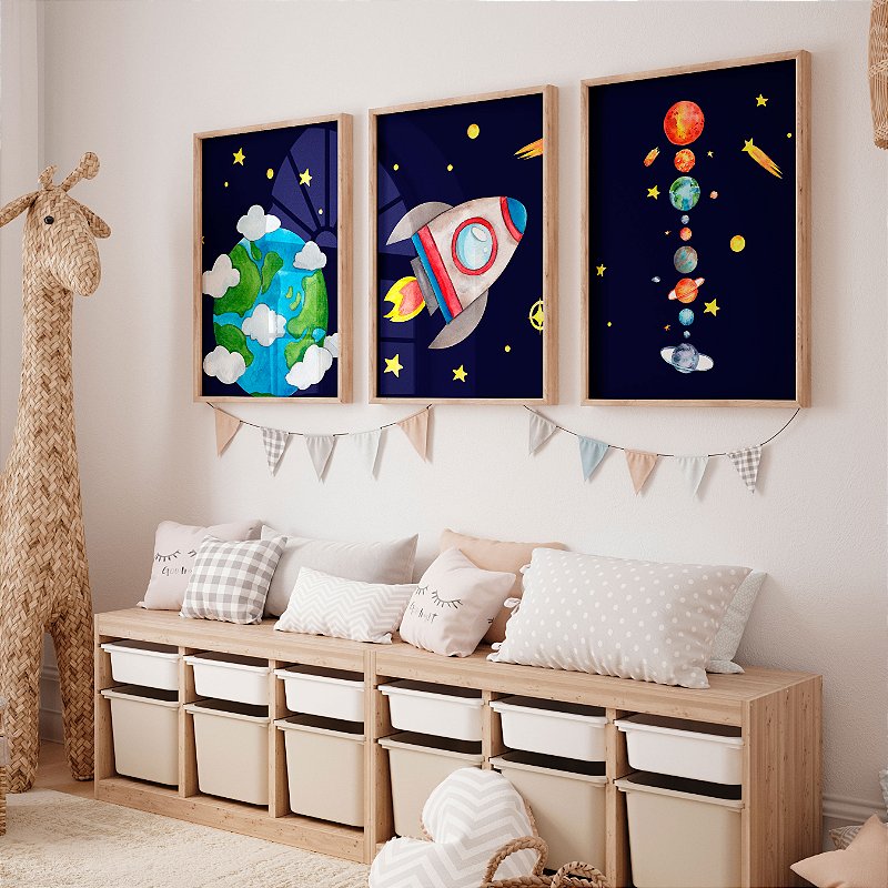 Kit 3 Quadros Quarto Infantil Sistema Solar Foguete Planeta Terra