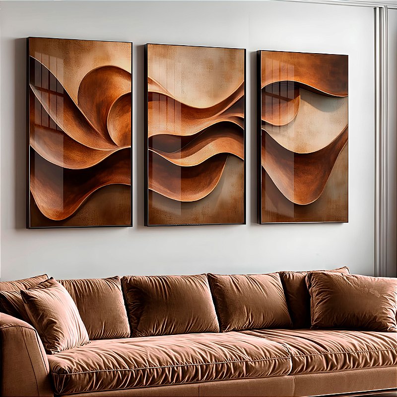 Kit 3 Quadros Decorativos Ondas Marrons