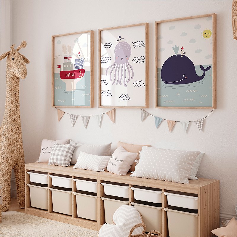 Kit 3 Quadros Quarto Infantil Urso Navegante Polvo Baleia