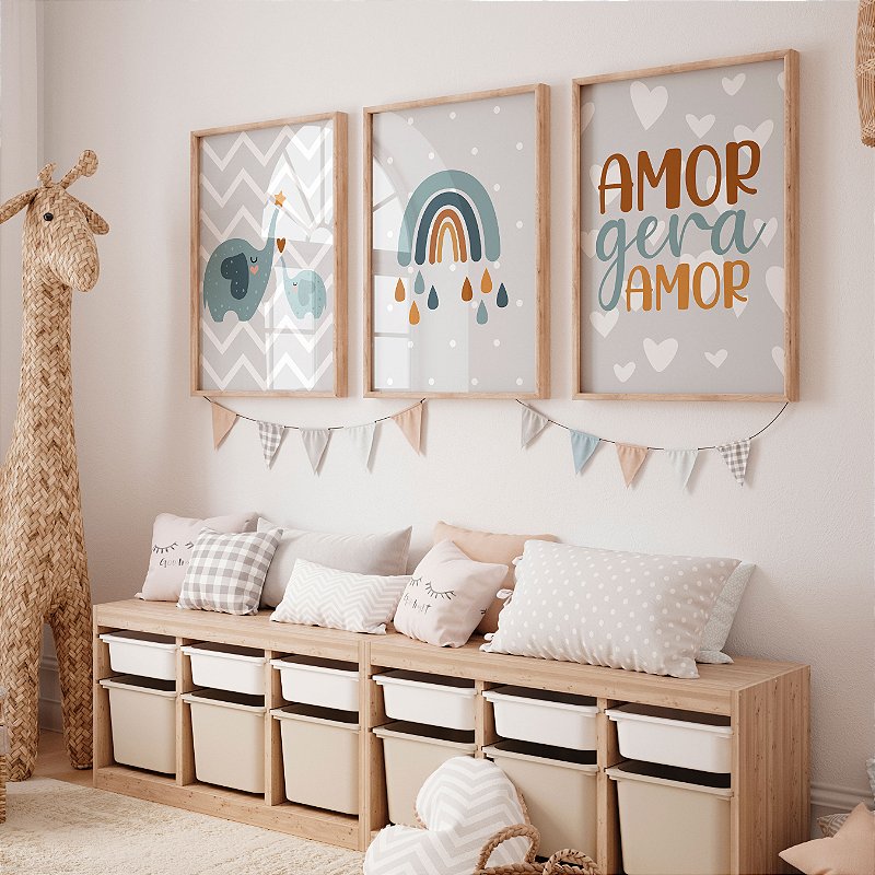 Kit 3 Quadros Quarto Infantil Amor Gera Amor Arco-íris Família Elefantes