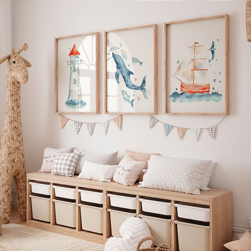 Kit 3 Quadros Quarto Infantil Filhotes de Baleia Farol Barco Gaivota Aquarela