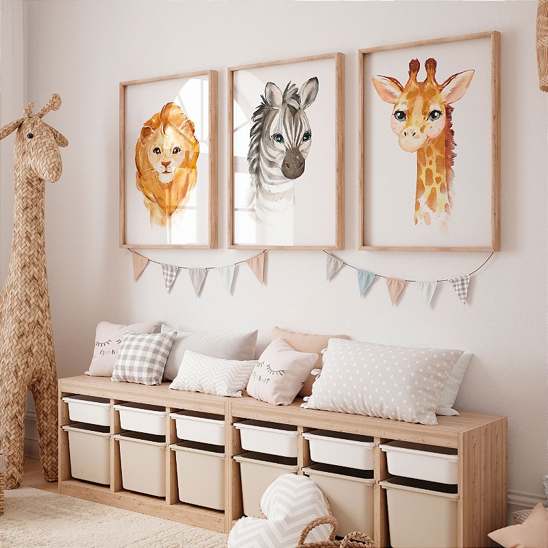 Kit 3 Quadros Quarto Infantil Animais Aquarela Pintura Delicada