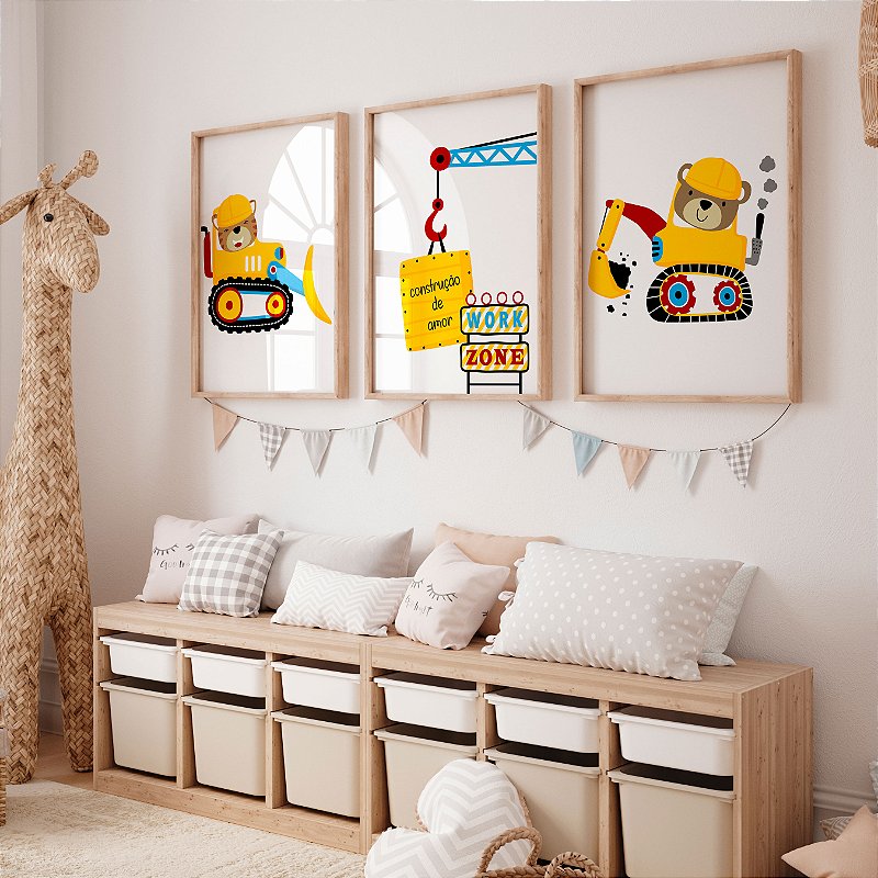 Kit 3 Quadros Quarto Infantil Ursinhos Construtores de Amor