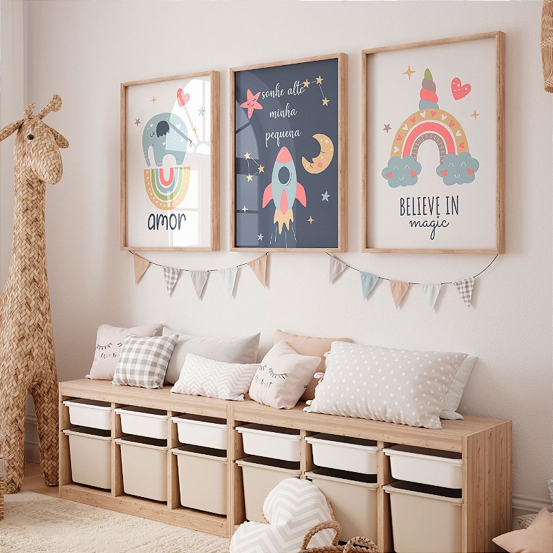 Kit 3 Quadros Quarto Infantil Exploradora Espacial Elefante Arco-íris Unicórnio