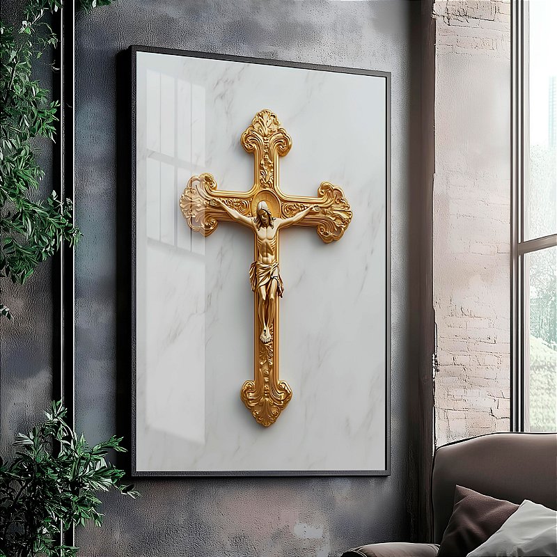 Quadro Decorativo Com Moldura Arte Cristo Cruz Dourada