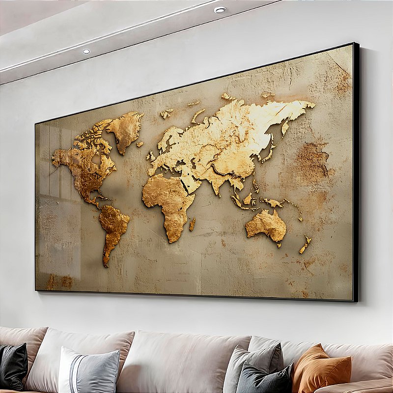 Quadro Decorativo Com Moldura Mapa Mundi Dourado Envelhecido