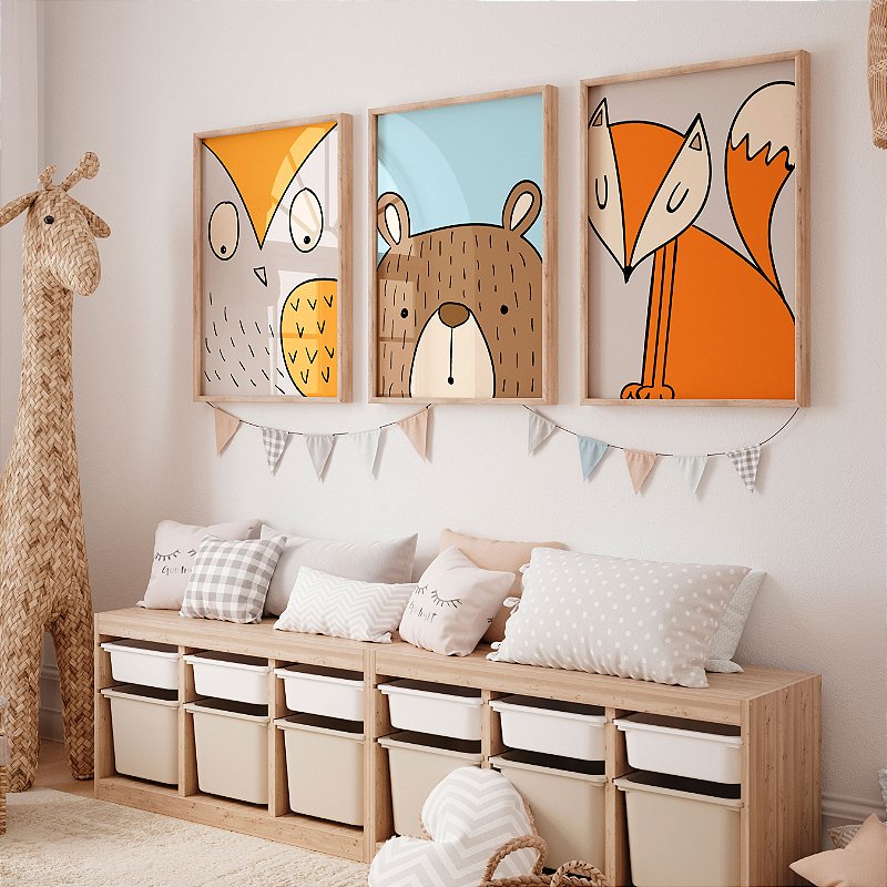 Kit 3 Quadros Quarto Infantil Coruja Raposa Urso O Espaço Dos Animais