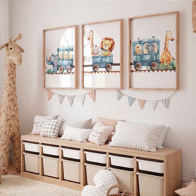Kit 3 Quadros Quarto Infantil Trem Safari os Bichos Felizes da Savana