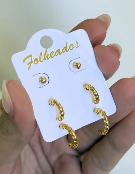 Trio bolinha e argolinhas ondulada ouro