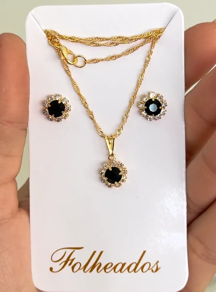 Conjunto Flor Strass Preto Colar + Brinco