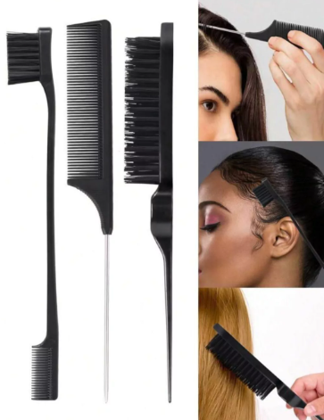 Kit com 3 peças - Pente escovinha, baby hair, pente fino