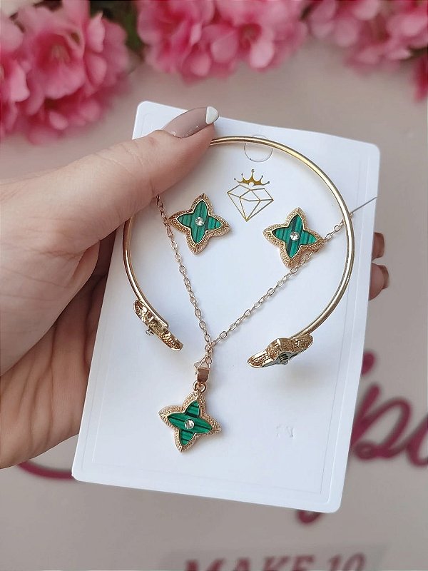Kit Colar + Brinco + Bracelete Dourado Verde