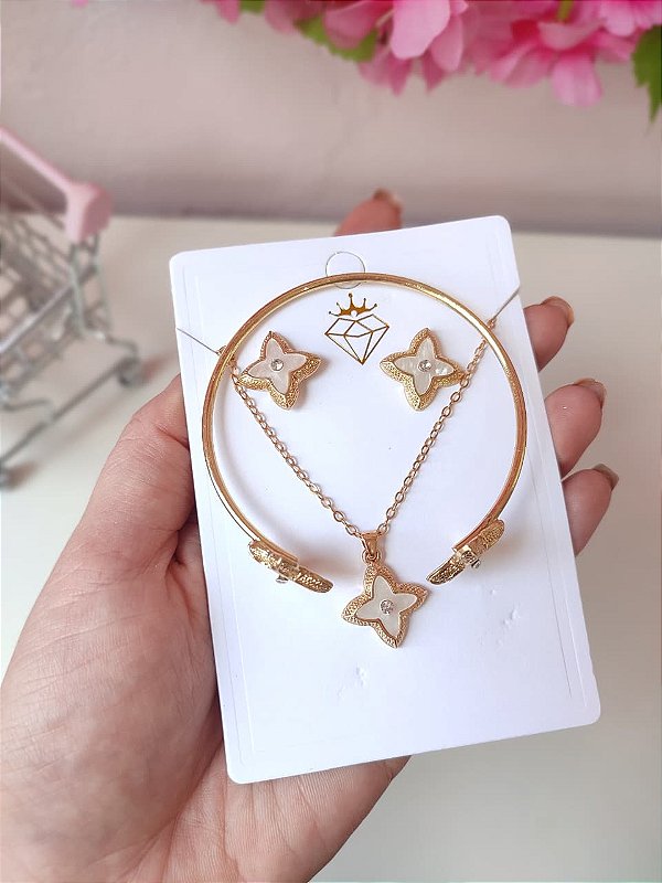 Kit Colar + Brinco + Bracelete Dourado Branco Pérolado