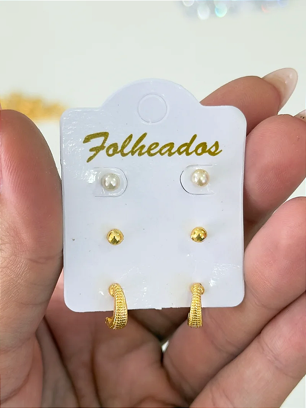 Trio de brincos pérola, bolinha e ganchinho