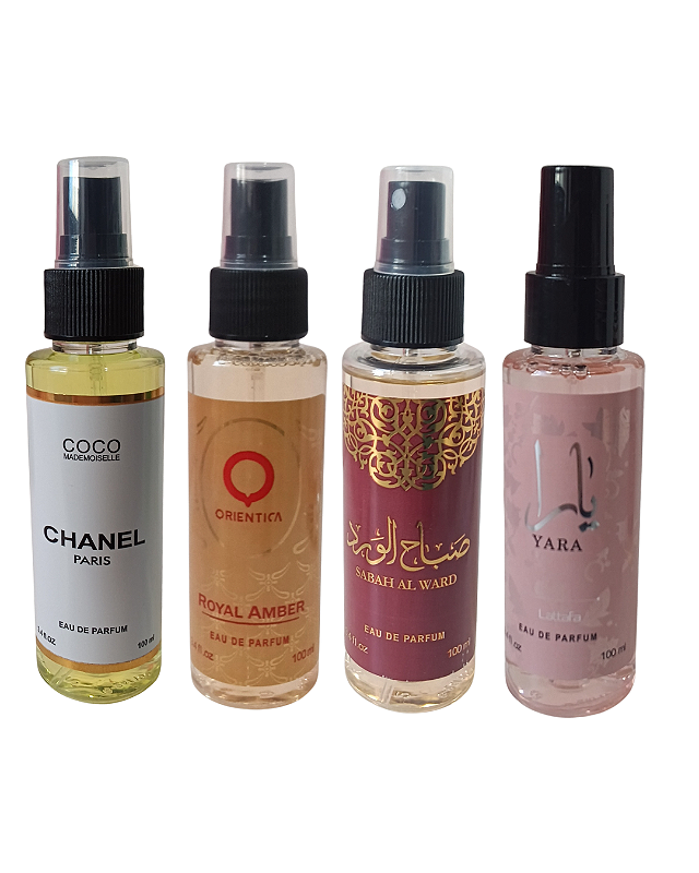 Combo 4 Body Splash Coco Mademoseille, Royal Amber, Sabah e Yara 100ml