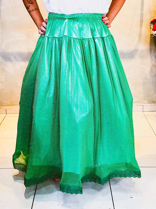 Saia verde brilhosa com forro Chamado de Fé