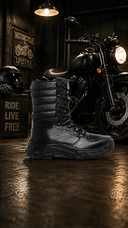 Bota Coturno Tática Motociclista Segurança Couro Ecológico Zíper - Marotto Mamba Negra 8600