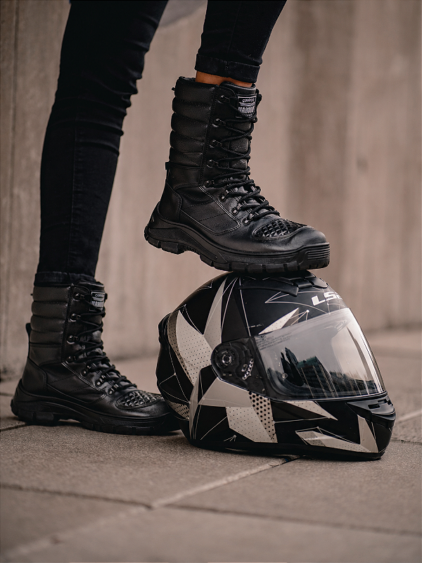 Bota Coturno Tática Motociclista Segurança Couro Ecológico Zíper - Marotto Mamba Negra 8600