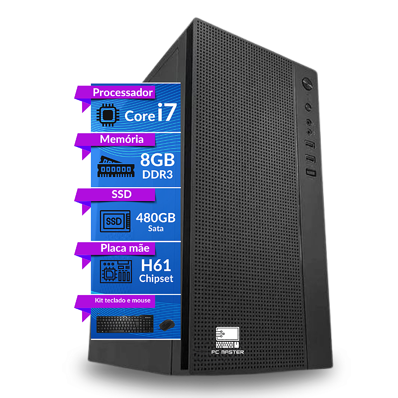 Computador Core i7 8GB 480GB SSD + Kit Teclado e Mouse - PC Master