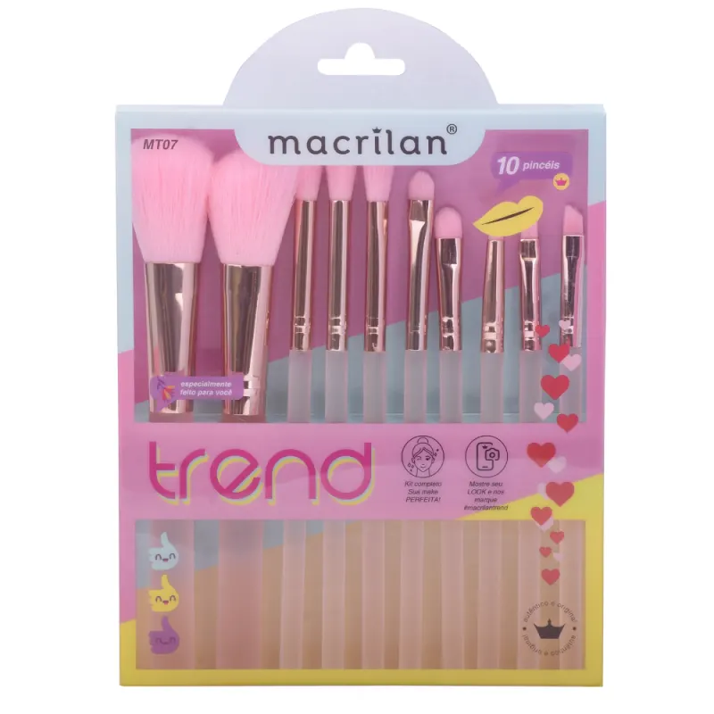 Kit com 10 Pincéis para Maguiagem Macrilan Trend - rosa