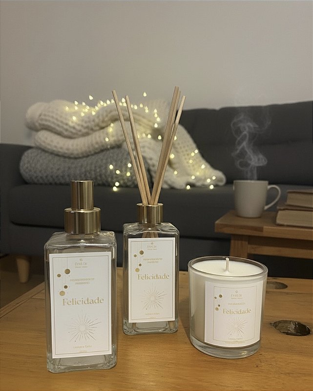 Kit coleção festas TRIO FELICIDADE (Laranja & Cedro )- Vela + Difusor de varetas + Home spray