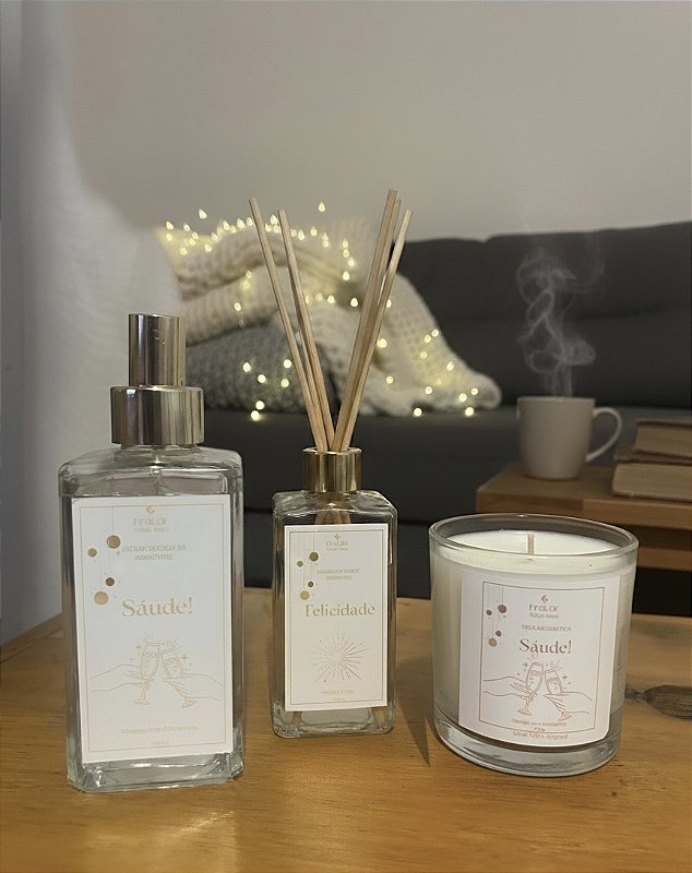 Kit coleção festas - TRIO SAÚDE ( Vela + Difusor de varetas e home spray)