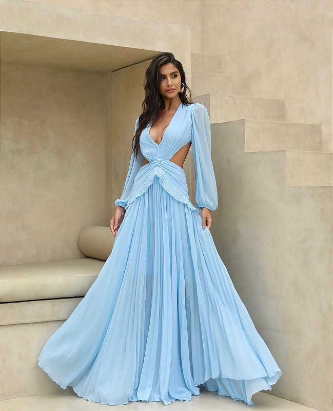 Vestido longo plissado com mangas