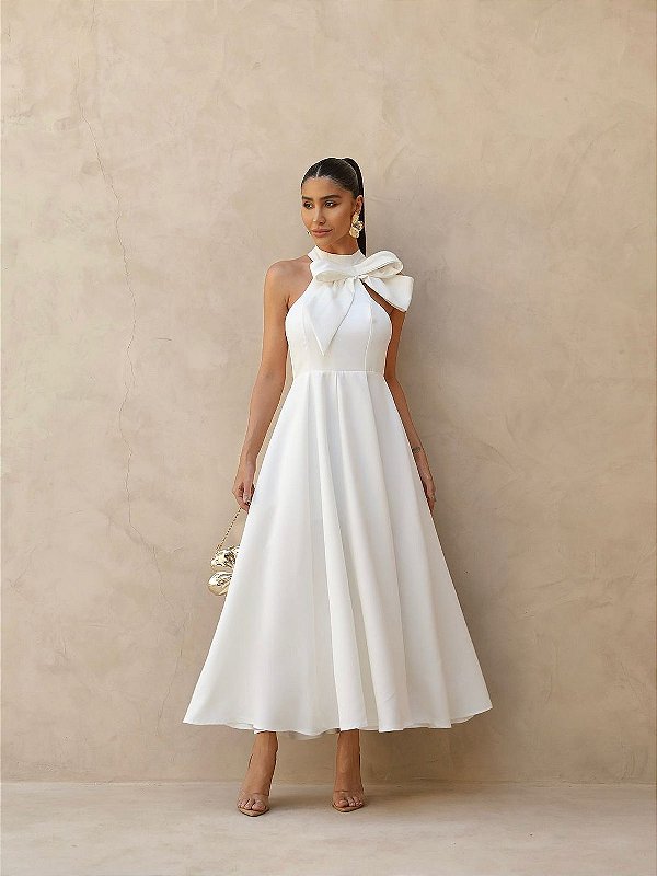 Vestido Midi rodado com laço na gola