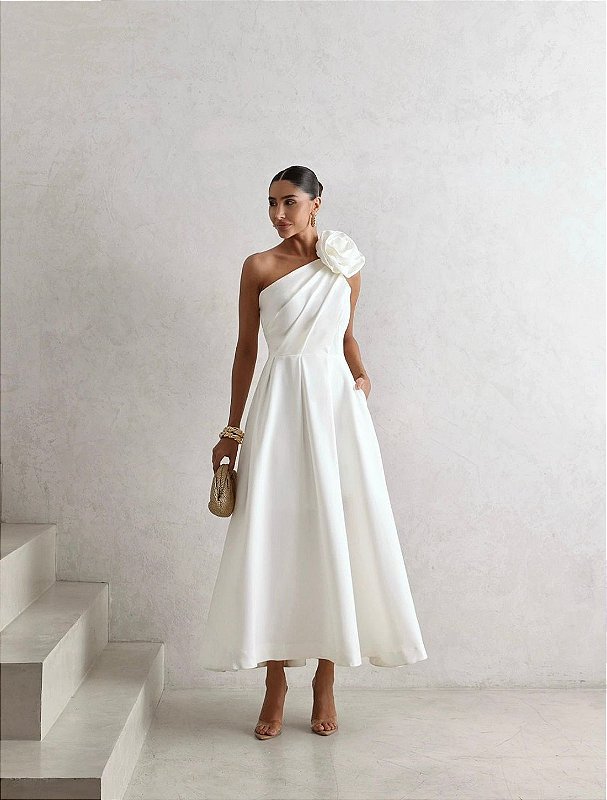 Vestido Ana ombro único com flor