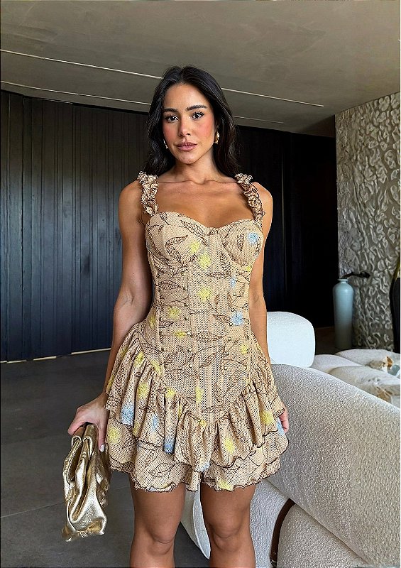 Vestido Macaquinho Grace Texturizado Nude com Bordados Florais