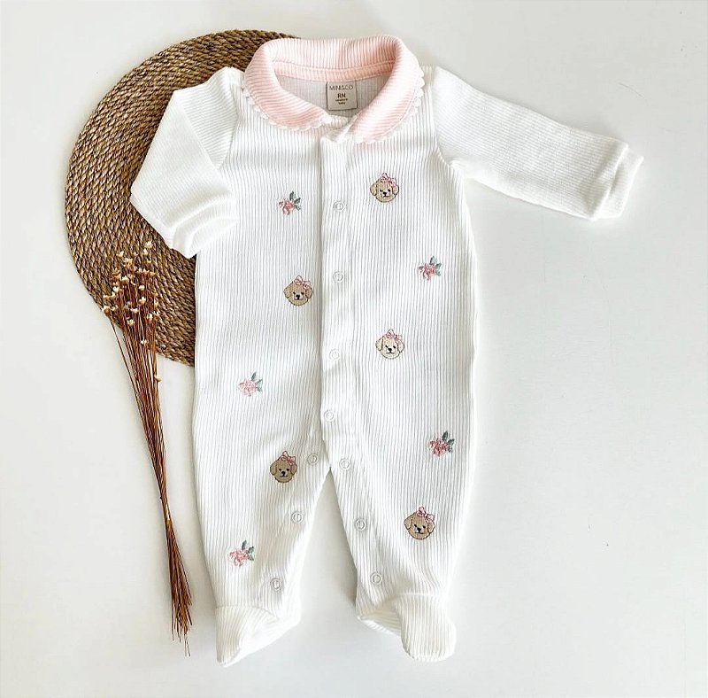 Macacão Longo tricô bordado flores e doguinhas