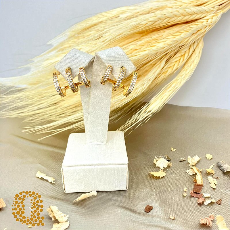 Brinco Fileiras Zircônia Banho Ouro 18k