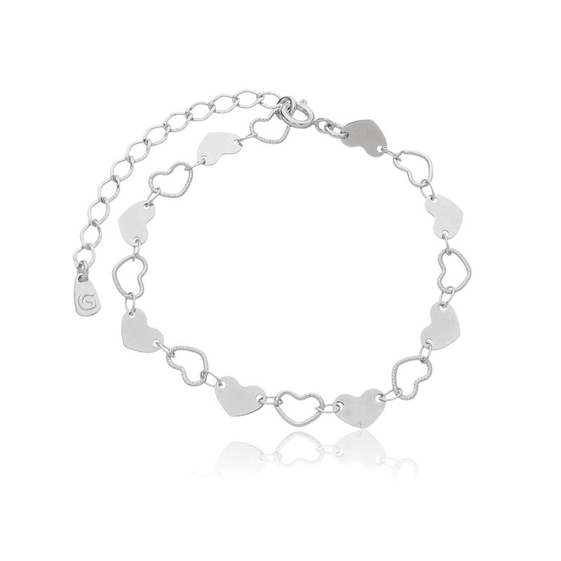 Pulseira Corações Vazado e Liso Banho Ródio Branco