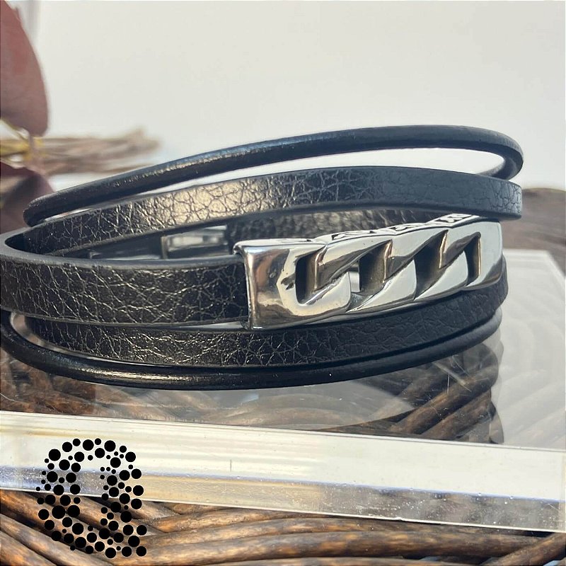 Bracelete em Couro e Corrente em Aço Inox