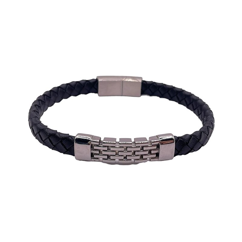 Bracelete em Couro Trançado com Detalhes em Aço Inox