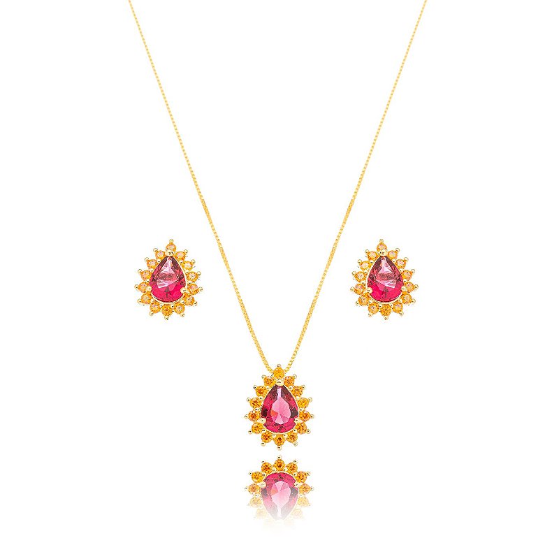 Conjunto Gota Laranja e Rubelita Banho Ouro 18k