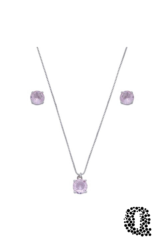 Conjunto Redondo Rosa Quartzo Ródio Branco