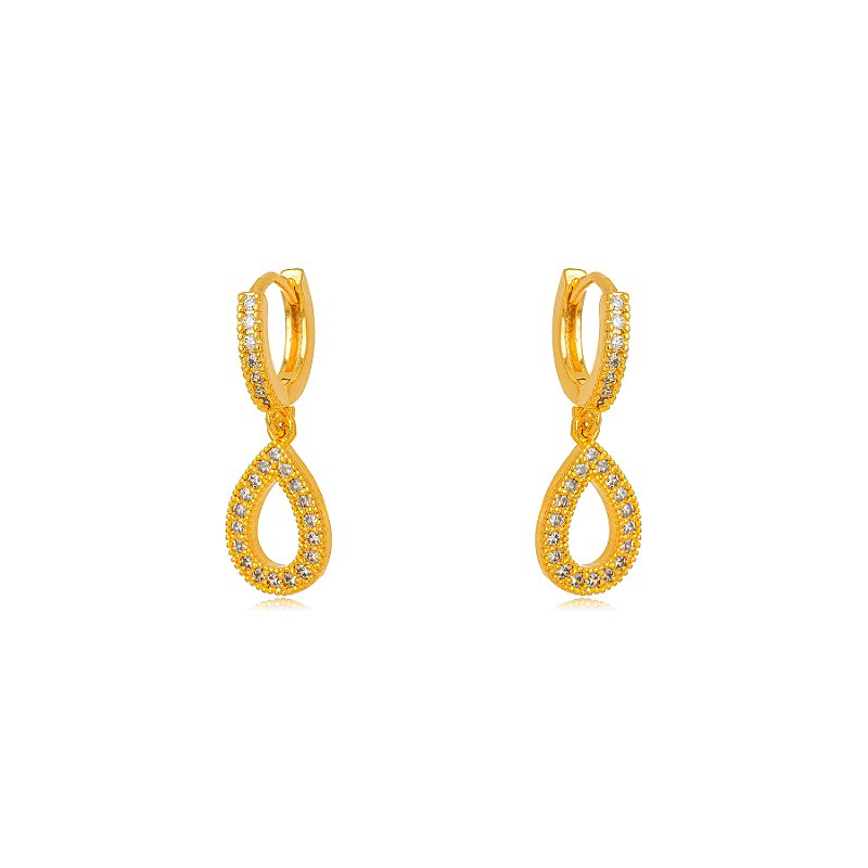 Brinco Gota Cravejada com Zircônia Banho Ouro 18k