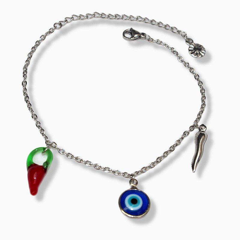 Pulseira Pimenta Dupla e Olho Grego em Aço Inox