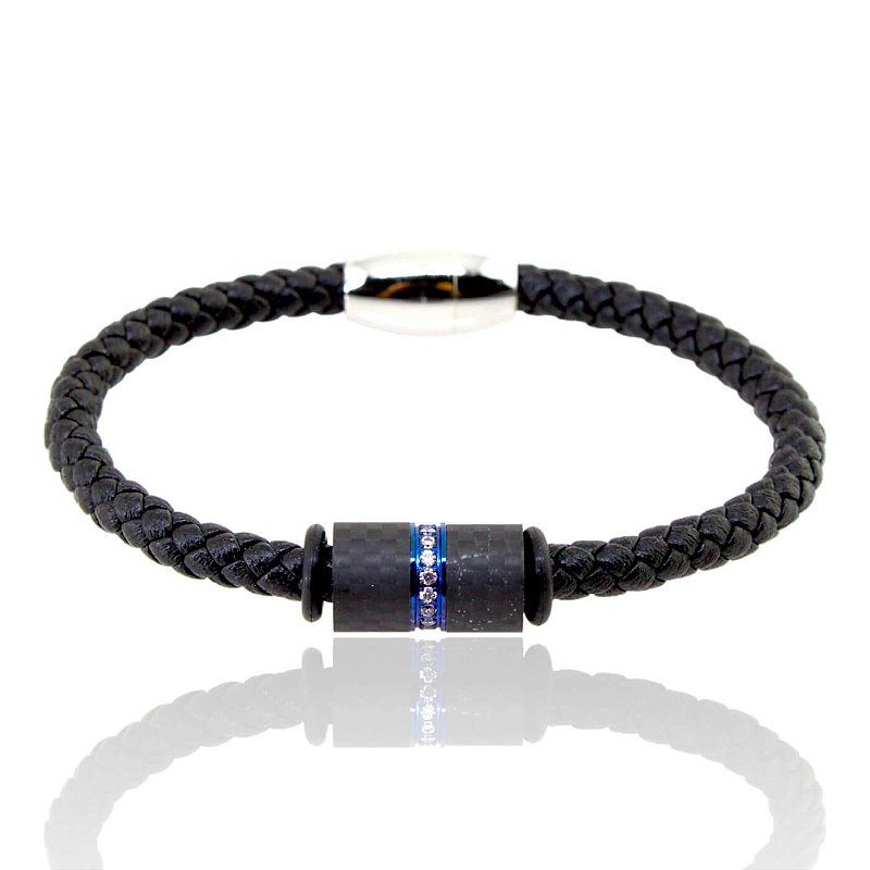 Bracelete Couro com Zircônia em Aço Inox