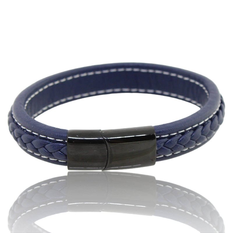 Bracelete em Couro Azul Trançado e Fecho em Aço Inox