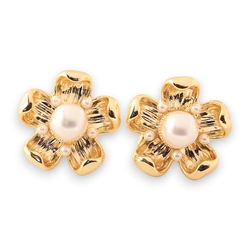 Brinco Flor com Pérolas Banho Ouro 18k